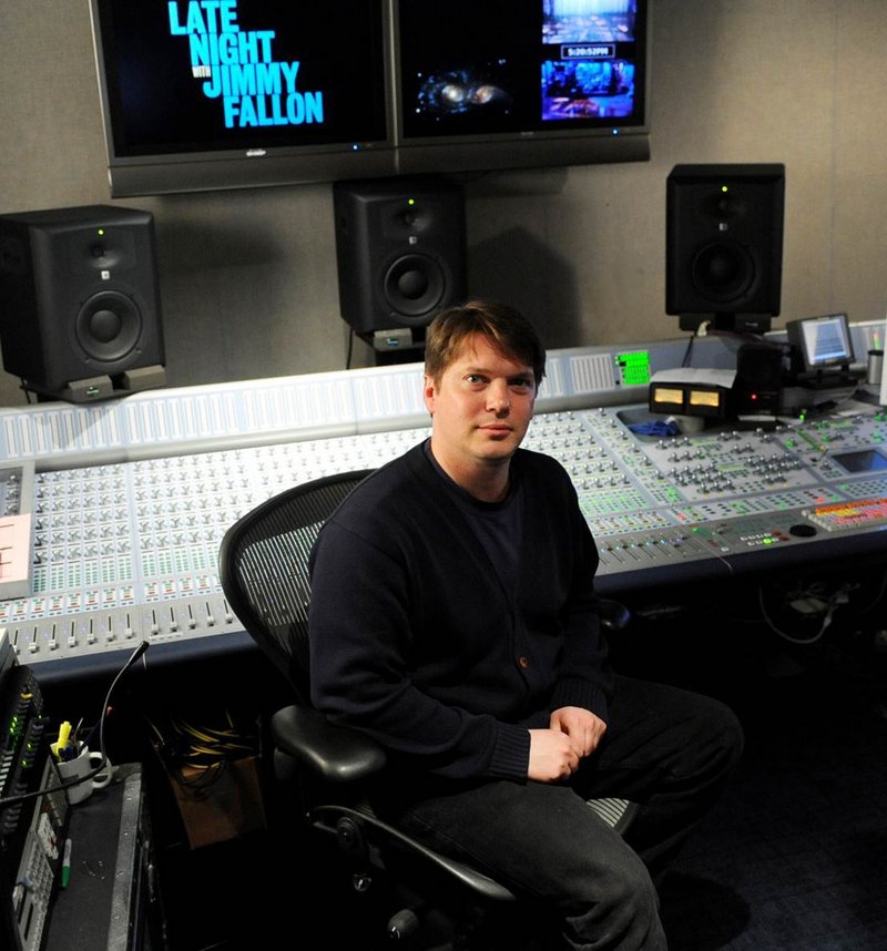 Manchester in the control room at NBC, where he mixes the music for “Late Night with Jimmy Fallon.”
