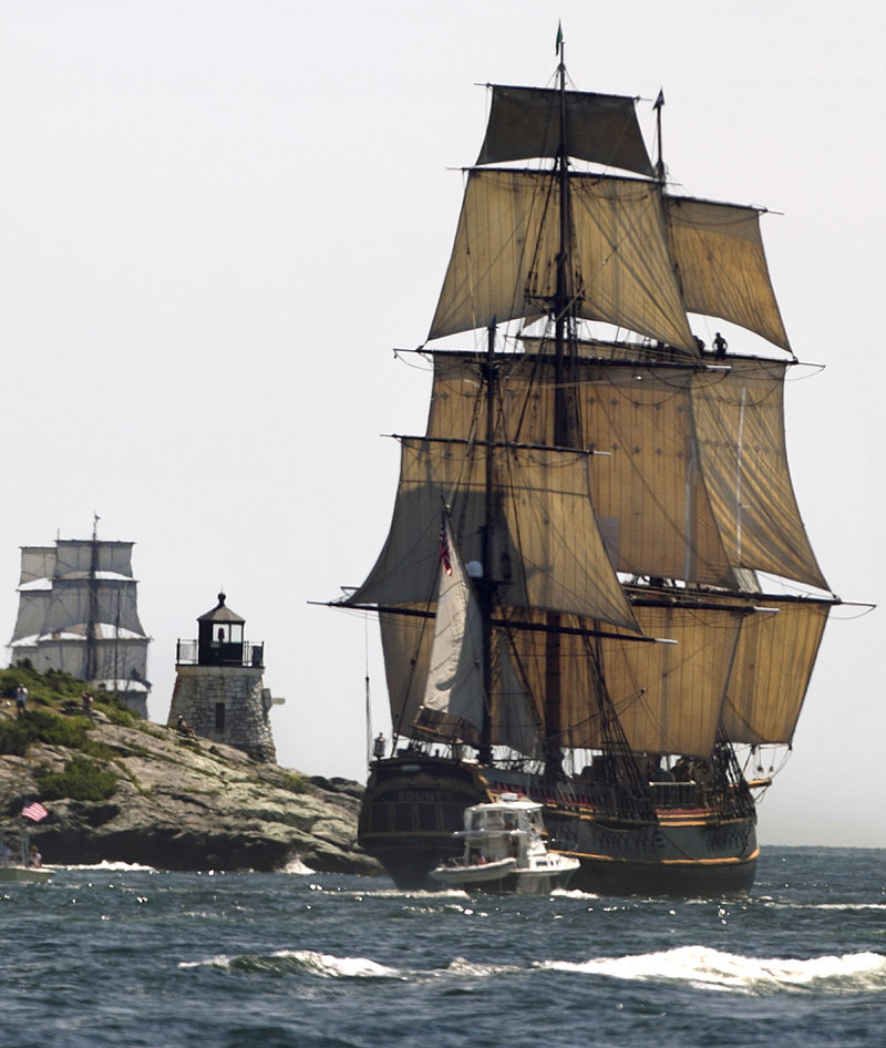 The replica of the historic ship HMS Bounty sails past a lighthouse as it departs Narragansett Bay, Rhode Island, and heads out to sea last year.