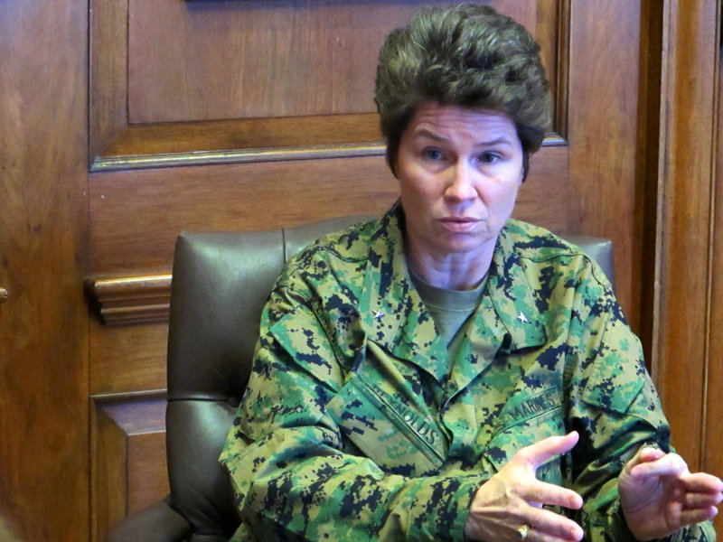 Marine Brig. Gen. Loretta Reynolds gives an interview at the Marine Corps Training Depot on Parris Island, S.C.