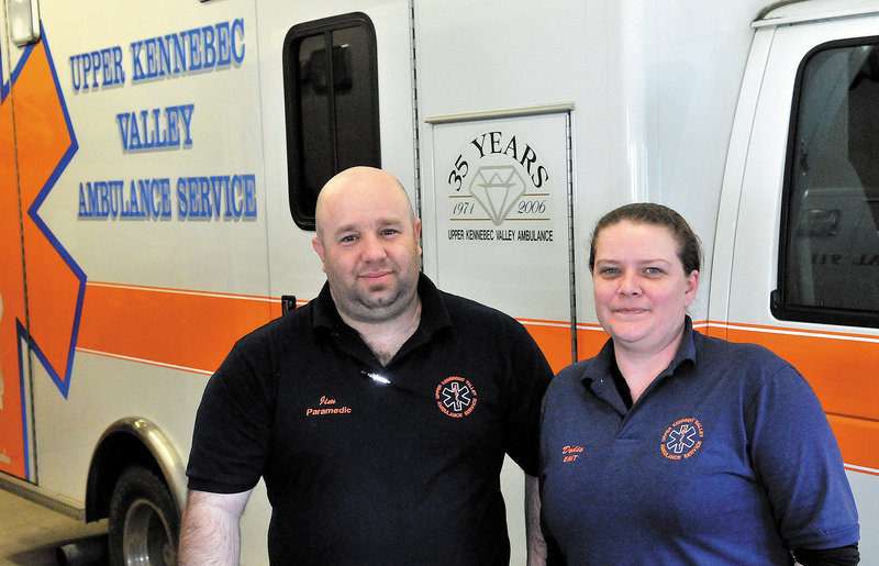 Paramedic James Baldwin and EMT Doraine “Dodie” Mathieu for the Upper Kennebec Valley Ambulance Service in Bingham. Bingham voters recently rejected a request from the service for about 40 percent of the service’s budget for 2013.