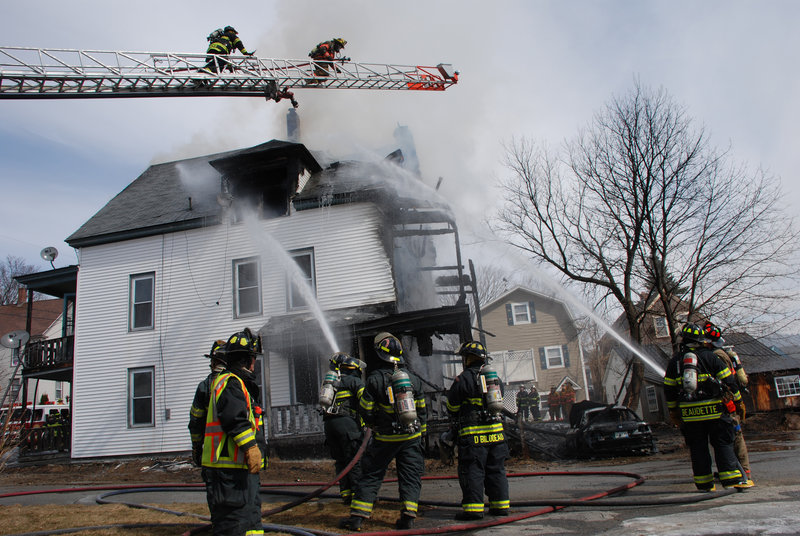 More than 60 firefighters from six towns responded to Saturday’s blaze at 39 Church St. in Jay.