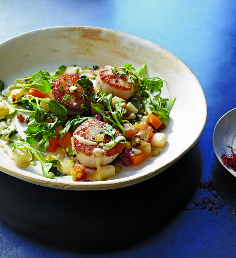Sam Hayward’s sea scallops with saffron and cider dish looks perfect for this time of year.