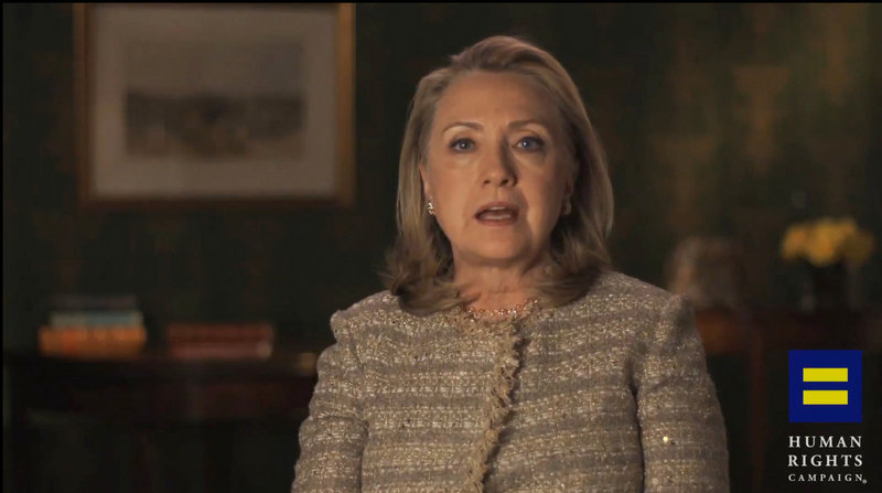 This image from video, provided by the Human Rights Campaign, shows former Secretary of State Hillary Rodham Clinton announcing her support for gay marriage.