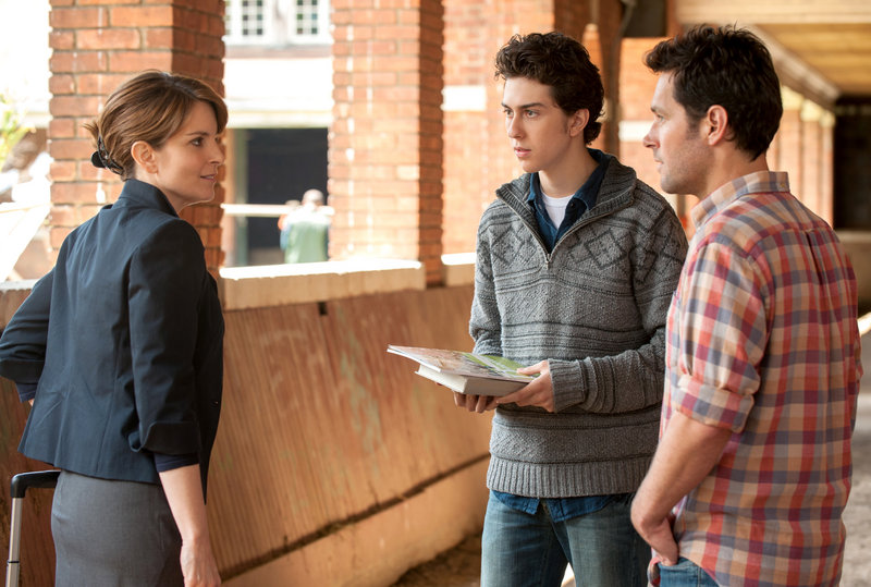 Portia (Tina Fey), Jeremiah (Nat Wolff) and John (Paul Rudd) dance around a secret from Portia’s past in “Admission.”