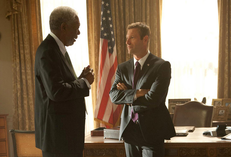 Morgan Freeman and Aaron Eckhart in a scene from the White House hostage thriller “Olympus Has Fallen.”