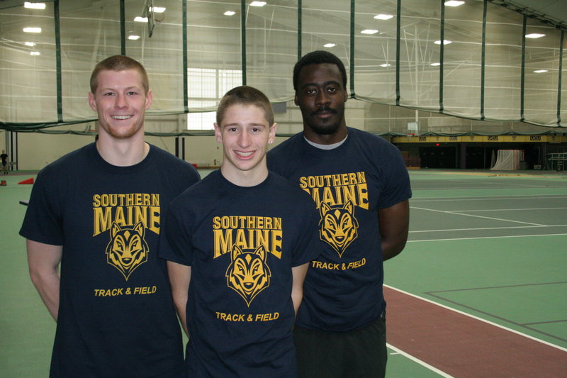 The University of Southern Maine was represented by three athletes at the NCAA Division III outdoor track championships – from left, Jamie Ruginski, Kevin Desmond and Sheldon Allen. Desmond earned All-American.
