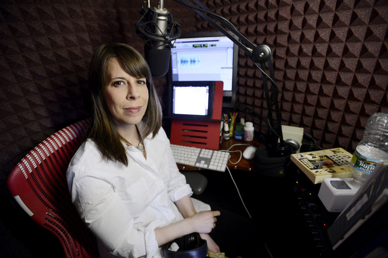 Tavia Gilbert in the home studio in Portland where she records audio books, most recently “Let Me Stand Alone” by Rachel Corrie.