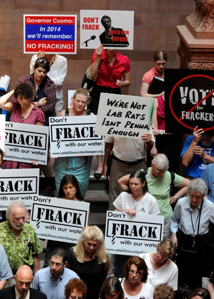 Protesters rally against the oil and gas drilling method known as hydraulic fracturing, or fracking, last June at the Capitol in Albany, N.Y. In New York, there is a fracking moratorium in effect until a health study is completed.