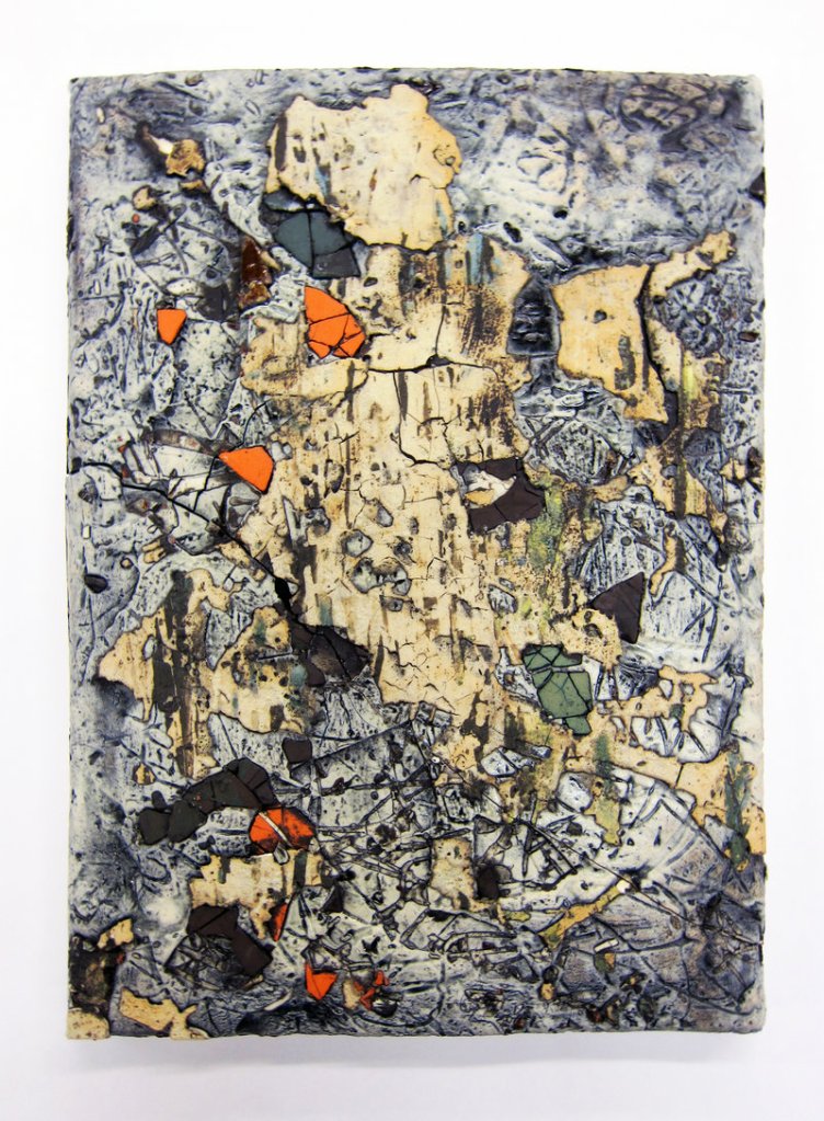 “Large Traces Tile No. 6,” various clays, glazes and stains.