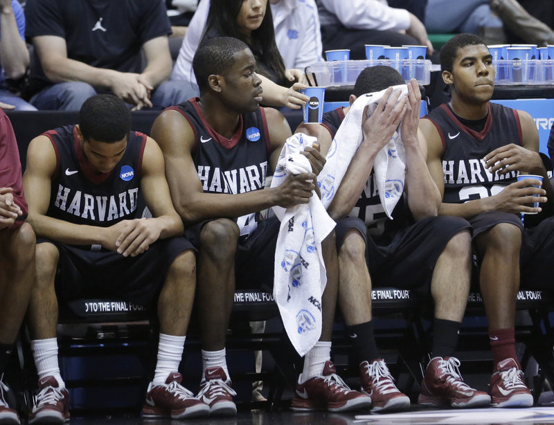 The run ended for Harvard and the faces on the players showed it. The Crimson, who upset New Mexico in their first game, were knocked off by Arizona, 74-51.