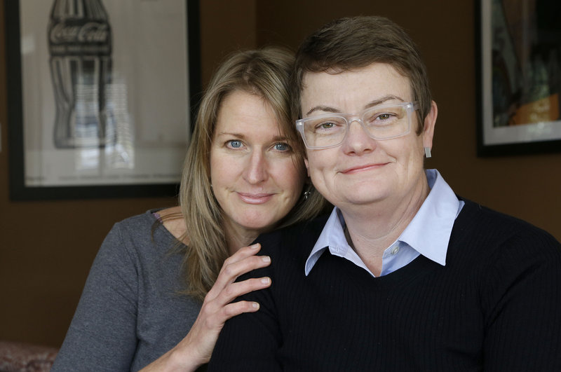 Sandy Stier, left, and Kris Perry, one of the California couples at the center of the Supreme Court’s consideration of gay marriage, will attend Tuesday’s court arguments.