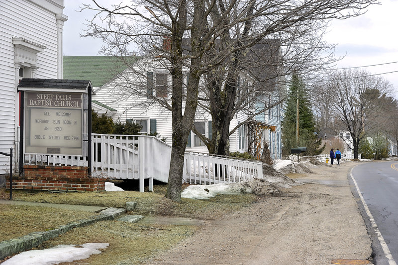 Installing sidewalks for pedestrians, such as along this stretch of Main Street, are among the changes that Steep Falls residents identified as desirable at a planning session.