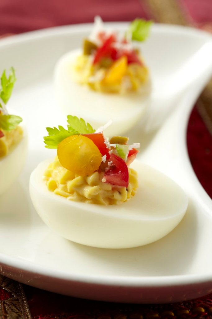 The bloody Mary deviled eggs created by chef Kathy Casey, author of “D’Lish Deviled Eggs: A Collection of Recipes from Creative to Classic.”