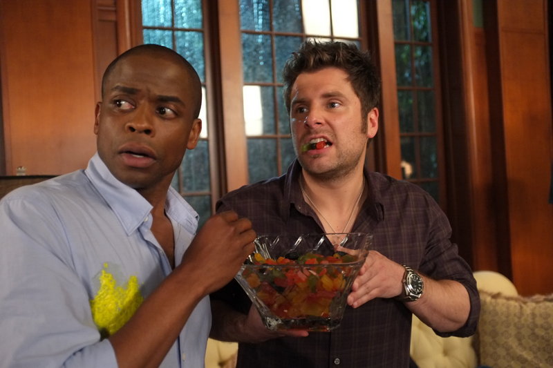 Dule Hill, left, and James Roday appear in a scene from the 100th episode of “Psych,” airing Wednesday on USA. The network plans to let viewers choose the ending of the episode.