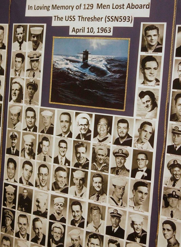 Cathy Beal of Kittery, daughter of sailor Daniel W. Beal Jr., made this memory board that will be part of next weekend’s 50th anniversary memorial service for the 129 men lost aboard the USS Thresher.