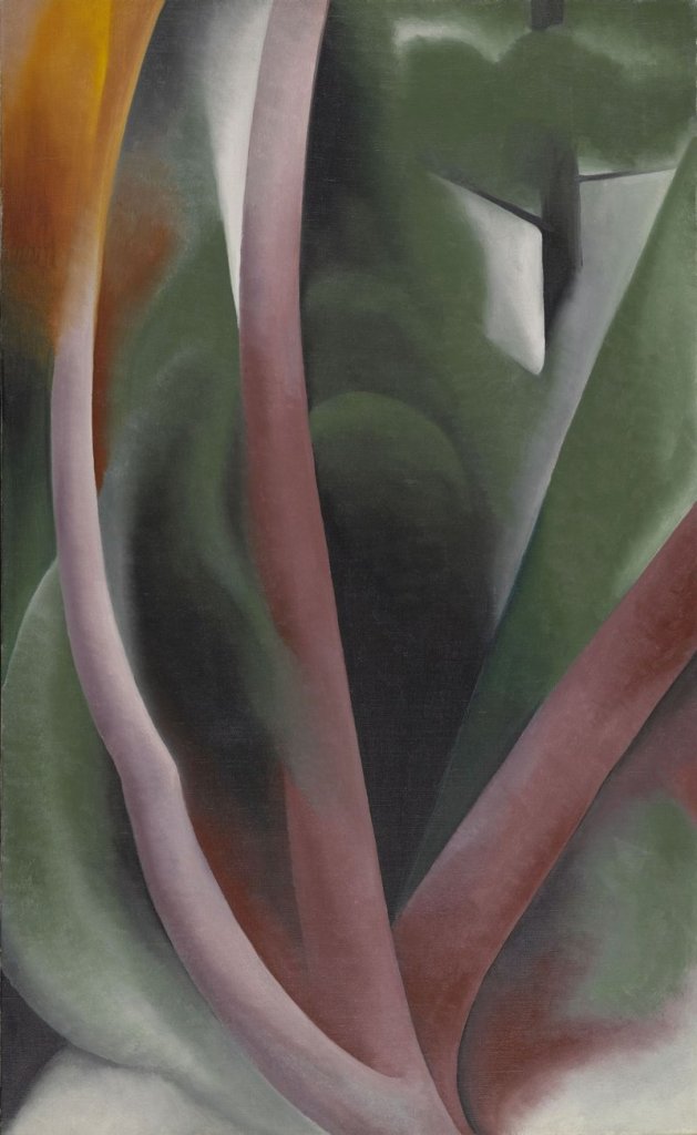 Among the hundreds of pieces in the Lunder collection, “Birch and Pine Trees – Pink,” 1925 oil on canvas by Georgia O’Keeffe.