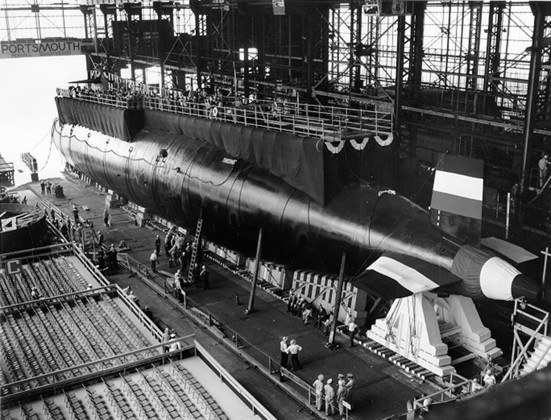 The USS Thresher before its launch at the Portsmouth Naval Shipyard in Kittery.