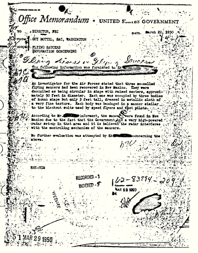 This document released by the FBI shows a report of “flying saucers” in New Mexico sent to then-Director J. Edgar Hoover in 1950.