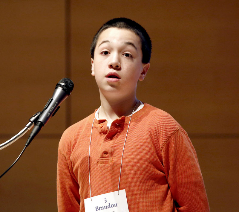 Brandon Aponte, 12, of Brooklin reacts to the news that he has spelled “crambo” correctly.