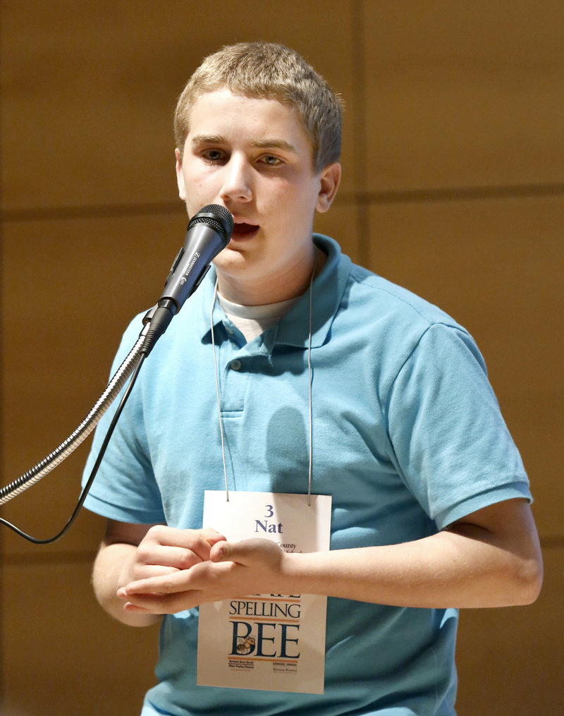 Nat Jordan, an eighth-grader representing Cumberland County, spells a word in the final rounds of the spelling bee Saturday. Nat finished second to Brandon Aponte.
