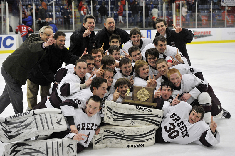 Did it last year, did it this year. That’s the Greely High boys’ hockey team, joyous after the victory against Messalonskee in the Class B state final.