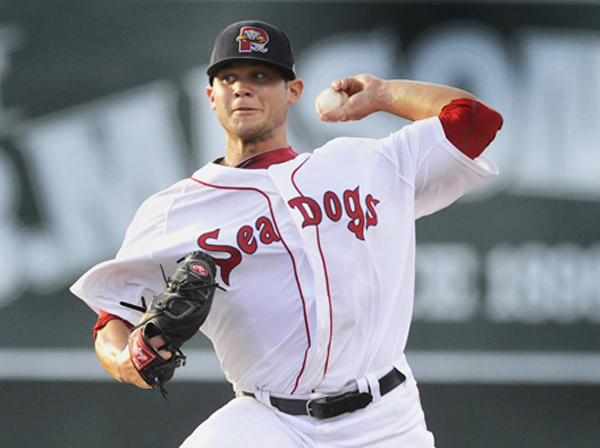 Drake Britton on the mound for the Portland Sea Dogs in a game vs. the Binghamton Mets at Hadlock Field on Aug. 25, 2012.
