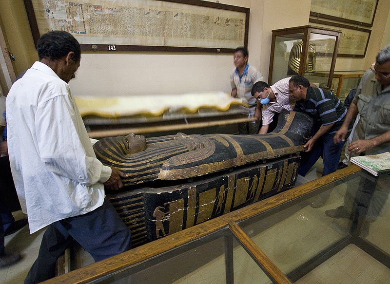 The mummy Hatiay’s sarcophagus is closed after Hatiay underwent CT scanning. Scans of 137 mummies showed evidence of hardened arteries in about a third of them.