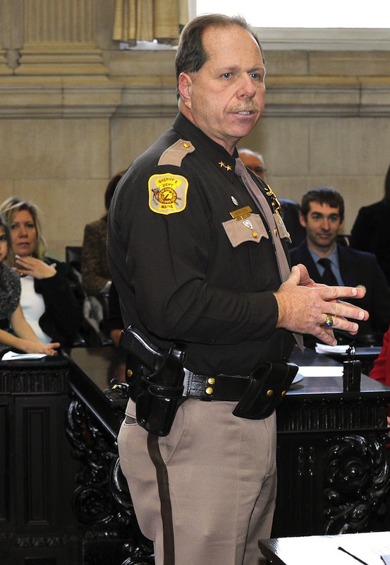 In January 2011 file photo, Cumberland County Sheriff Kevin Joyce. A veteran Cumberland County sheriff's detective is suing Joyce, the county and the chief deputy, claiming he was retaliated against for complaining about an alleged assault on an inmate and voicing support for one of Joyce's potential opponents.