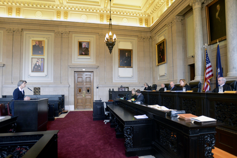 Assistant Attorney General Phyllis Gardiner addresses the Maine Supreme Judicial Court as it hears arguments Thursday in a case brought by the anti-gay-marriage group National Organization for Marriage, which is seeking to overturn a lower court's ruling that it has to release the identity of its donors.