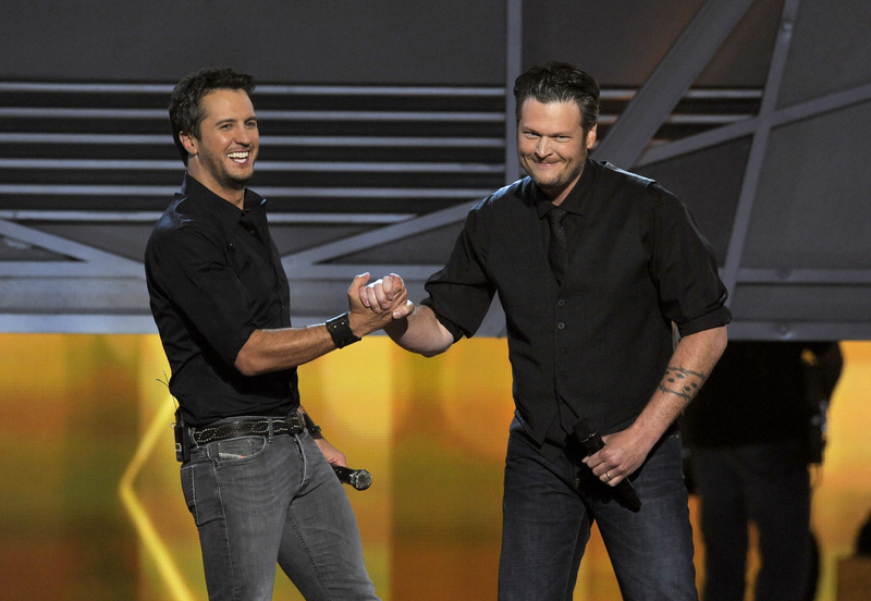 Luke Bryan, left, with Blake Shelton on stage at the 48th Annual Academy of Country Music Awards at the MGM Grand Garden Arena in Las Vegas on Sunday