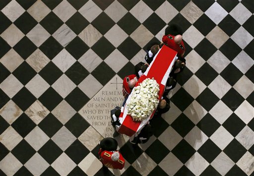 The coffin containing the body of former British Prime Minister Margaret Thatcher arrives for the ceremonial funeral at St Paul's Cathedral in London on Wednesday.
