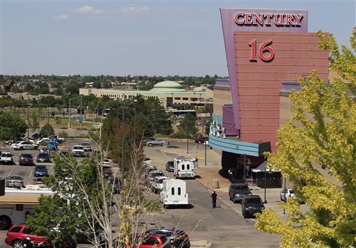 The Century 16 cinema east of the Aurora Mall in Aurora, Colo., where James Holmes allegedly killing 12 people and injuring 70 last July.