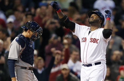 David Ortiz, right, celebrates his solo home run as Houston Astros catcher Jason Castro looks down in the third inning Thursday. Red Sox won the game, 7-2.