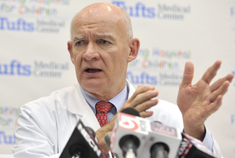 Dr. William Mackey, chair of surgery at Tufts Medical Center in Boston, describes the shrapnel removed from bombing victims to reporters at the hospital, Tuesday, April 16, 2013. Mackey was among the staff who treated the 14 patients injured in the bombing at the finish of the Boston Marathon who were treated at Tufts. (AP Photo/Josh Reynolds)