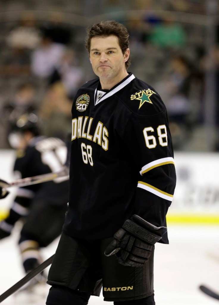 In this Jan. 24, 2013 file photo, Dallas Stars' Jaromir Jagr (68), of Czech Republic, skates on the ice during warm ups before an NHL hockey game against the Chicago Blackhawks in Dallas. The Boston Bruins have added a big piece to their playoff run, acquiring forward Jagr from the Stars. The Stars confirmed the move on their website. Dallas will get two prospects and a second-round pick in return. (AP Photo/Tony Gutierrez)