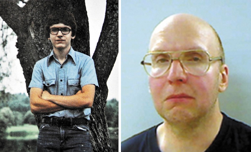 This combination photo shows Christopher Knight's 1984 Lawrence High School Year Book senior photo, left, and his booking photo from the Kennebec County jail.
