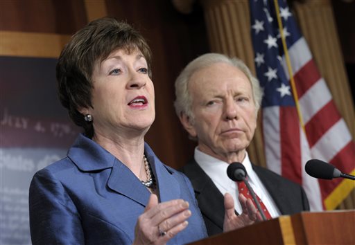 In this Dec. 31, 2012, photo, Sen. Susan Collins, R-Maine, speaks during a news conference on Capitol Hill as Sen. Joseph Lieberman, I-Conn., listens. "I do not think it is healthy for the Republican Party to be a regional party," Collins says.