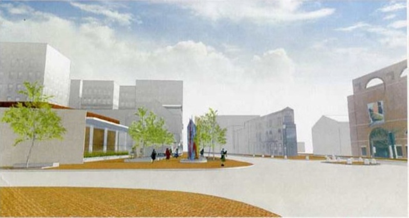 This artist's rendering of the new Congress Square Plaza plan, pictured from the northwest corner of Congress and High streets, shows the Portland Museum of Art at right and the proposed event center and public space at left.