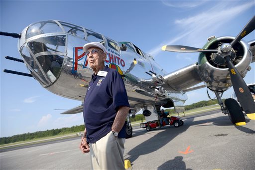 Lt. Col. Dick Cole stands in front of a B-25 at the Destin Airport in Destin, Fla. on Tuesday. Cole was Lt. Col. Jimmy Doolittle's co-pilot during the tokyo raid.