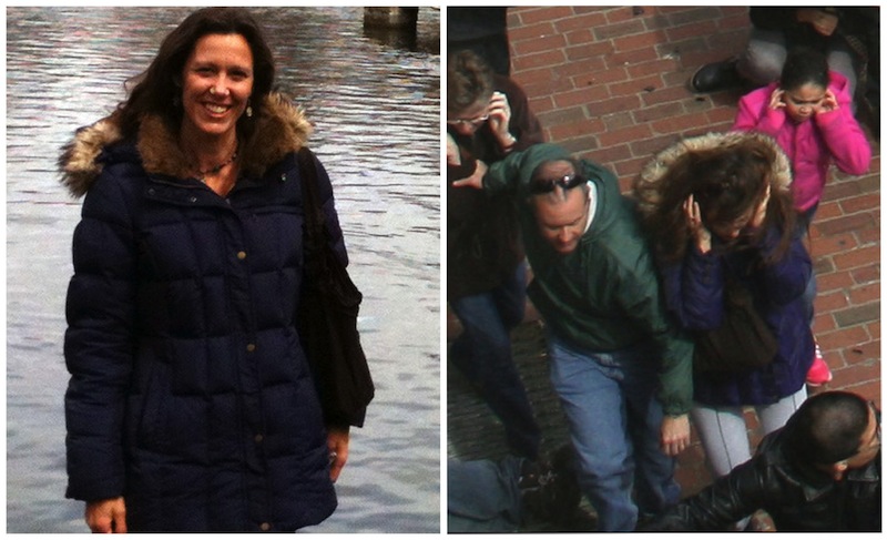 This combination photos shows, left, Amy Berti, in a photo taken by her husband, Joe Bertie in Boston, on Sunday, April 14, 2013, and right, an Associated Press file photo that shows Amy Berti, center, in the same coat, running from the first explosion at the finish line of the Boston Marathon on Monday, April 15, 2013. A bomb exploded at the finish line of the Boston Marathon seconds after Amy's husband, Joe Berti, finished the race. Two days later, Joe Berti was in his home state of Texas when he saw a fertilizer plant explode near Waco. (AP Photo)