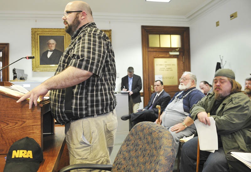 Tim Grimmel of Sabuttus testifies against a bill that would restrict the size of ammunition clips Monday April 8, 2013 at the State House in Augusta.
