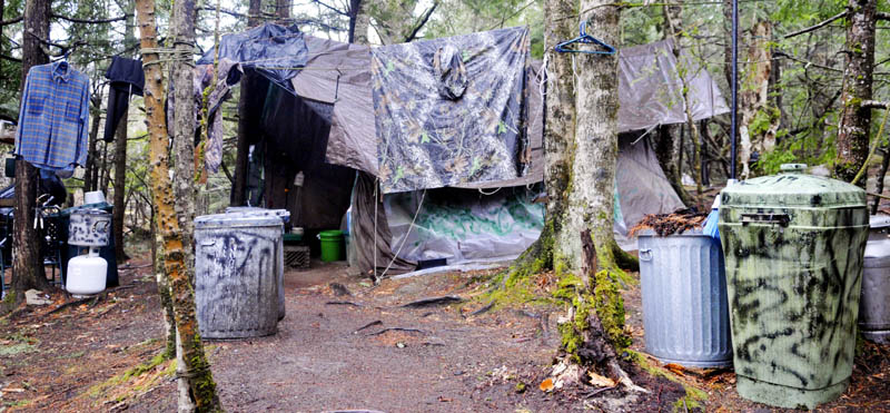 Christopher Knight's camp site located in a remote stand of woods in Rome moments before Game Wardens, State Police and Somerset County Sheriff's deputies inspected the camp Tuesday April 9, 2013. Police say Knight, who went into the woods near Belgrade in 1986, was a hermit who committed more than 1,000 burglaries to sustain himself.