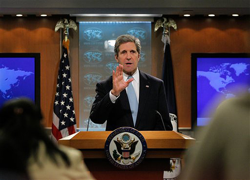 Secretary of State John Kerry speaks at the State Department in Washington on Friday, where he released the 2012 Country Reports on Human Rights Practices, commonly known as the Human Rights Reports, cover the status of human rights in countries around the world.