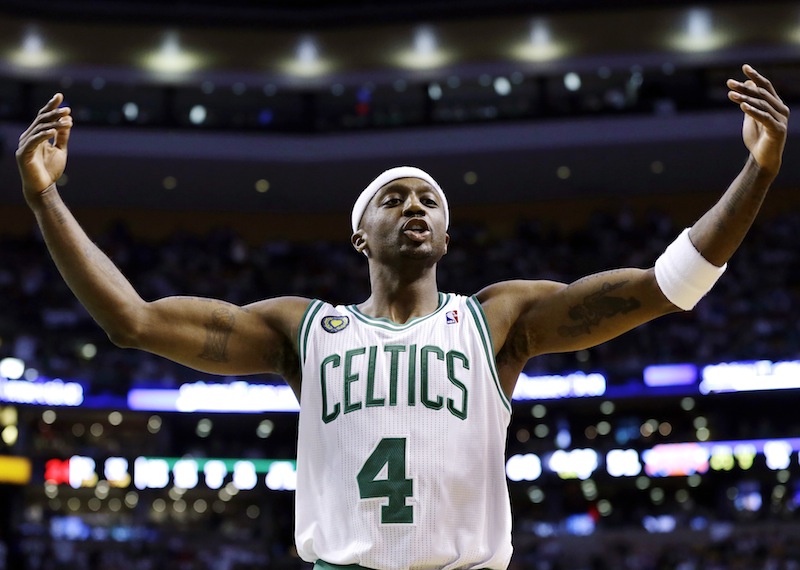 Boston Celtics guard Jason Terry (4) exhorts the crowd to cheer during the second half in Game 4 of a first-round NBA basketball playoff series against the New York Knicks in Boston, Sunday, April 28, 2013. The Celtics won 97-90 in overtime. (AP Photo/Elise Amendola) TD Garden