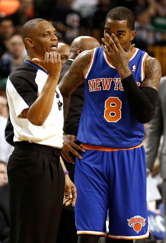 New York Knicks' J.R. Smith is ejected from the game after fouling Boston Celtics' Jason Terry during the fourth quarter of New York's 90-76 win in Game 3 of a first round NBA basketball playoff series in Boston Friday, April 26, 2013. (AP Photo/Winslow Townson)