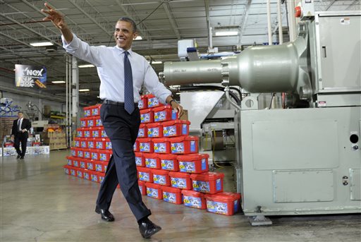 President Barack Obama arrives at the Rodon Group, which manufactures over 95 percent of the parts for K'NEX Brands toys, in Hatfield, Pa., in this 2012 photo. Major technology advances have steadily boosted U.S. factory efficiency and worker productivity.