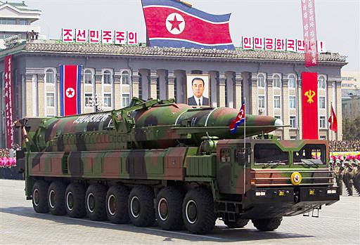 In this April 15, 2012, photo, a North Korean vehicle carrying a missile during a mass military parade in Pyongyang's Kim Il Sung Square to celebrate the centenary of the birth of the late North Korean founder Kim Il Sung. 