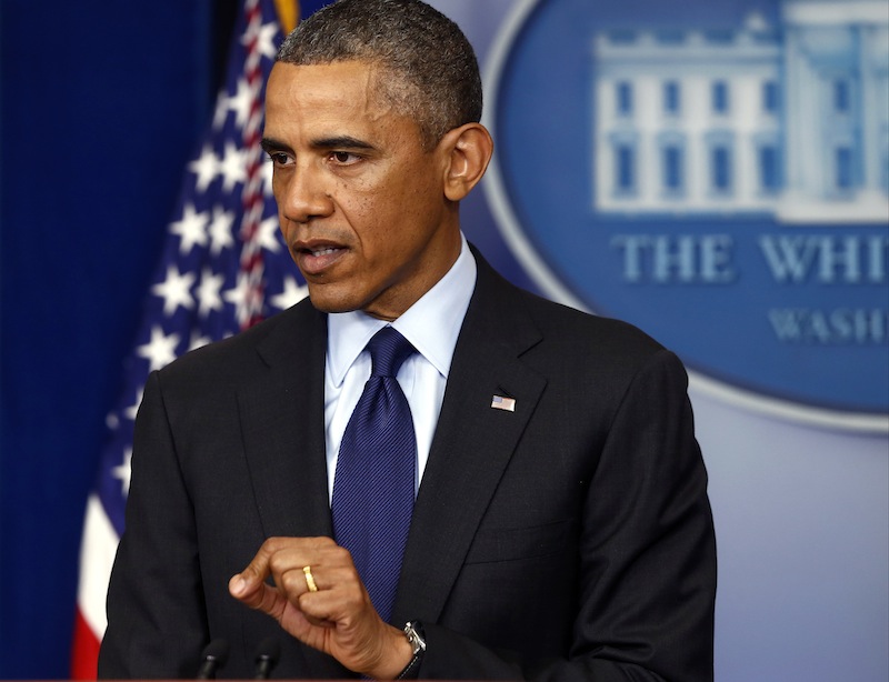President Barack Obama speaks in the Brady Press Briefing at the White House in Washington, Friday, April 19, 2013, regarding the Boston Marathon bombing. (AP Photo/Charles Dharapak)
