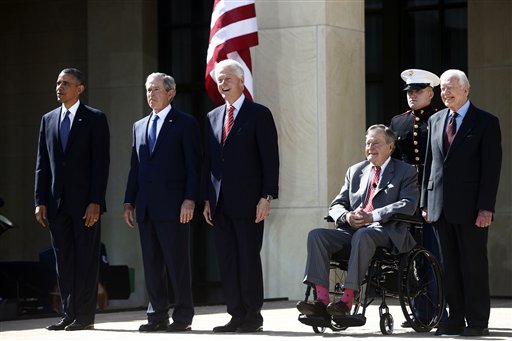 President Barack Obama stands with former Presidents George W. Bush, Bill Clinton, George H.W. Bush, and Jimmy Carter at the dedication of the George W. Bush Presidential Center on Thursday.
