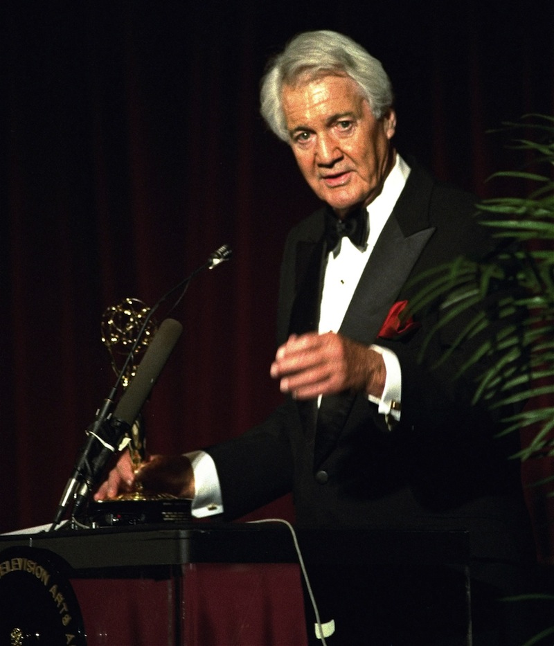 In this April 19, 1994, file photo, Pat Summerall, completing his 34th and final season with CBS, receives an award for lifetime achievement at the 1994 Sports Emmy Awards in New York. Fox Sports spokesman Dan Bell said Tuesday, April 16, 2013, that Summerall, the NFL player-turned-broadcaster whose deep, resonant voice called games for more than 40 years, has died at the age of 82. (AP Photo/Rob Clark, File)